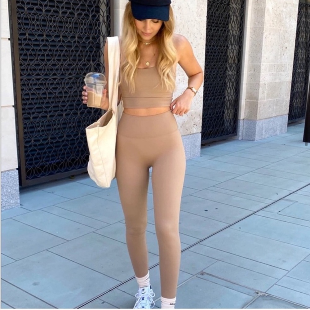 Adanola High-Waist Ribbed Leggings and Crop Tank Set in Beige